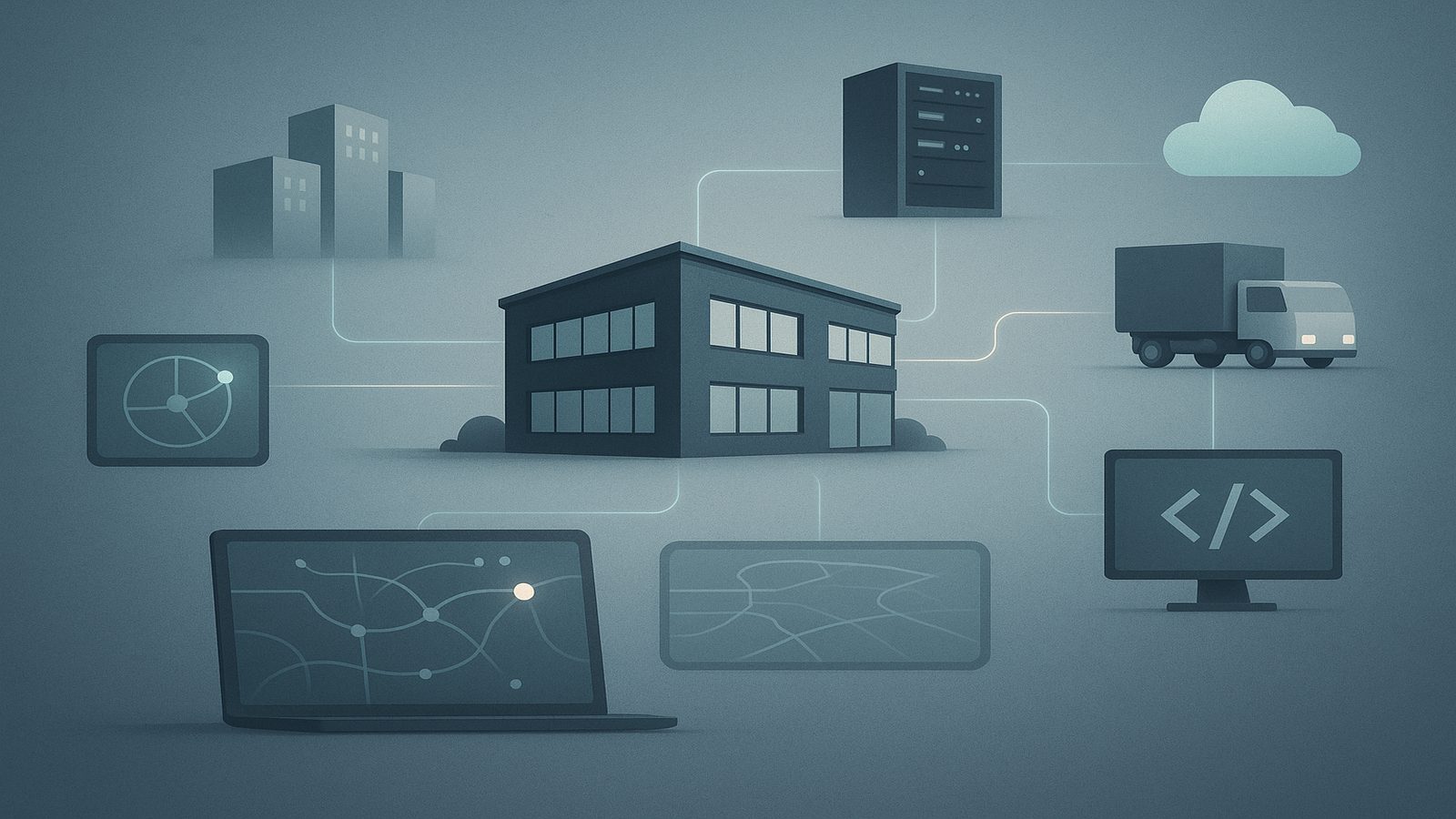 Illustration of a UK SME business network connected to suppliers and service providers, showing supply chain resilience and third-party risk management.