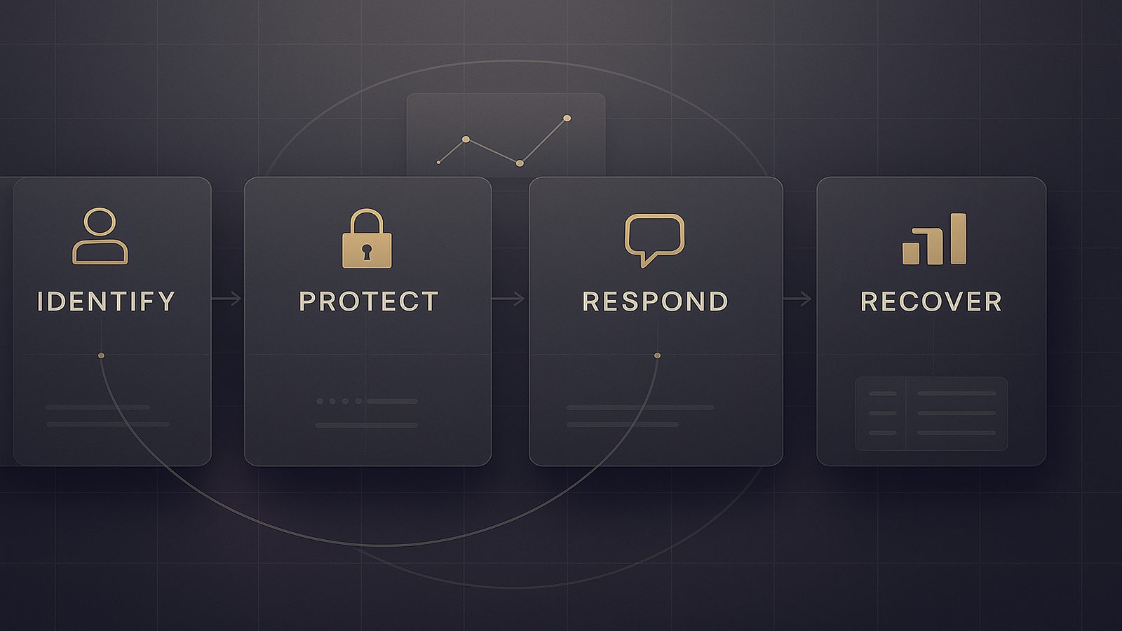 Abstract cybersecurity framework graphic showing five connected stages for Identify, Protect, Detect, Respond, and Recover in a calm business dashboard style
