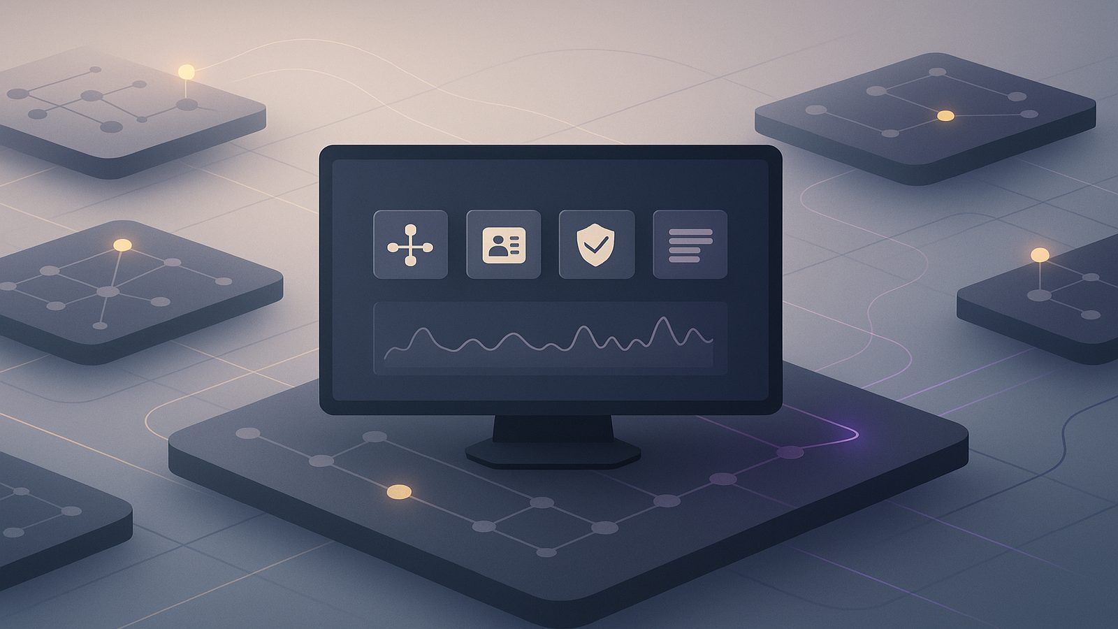 Abstract cybersecurity architecture visual showing integrated network monitoring, connected data flows, and a central dashboard in a restrained gold and purple palette