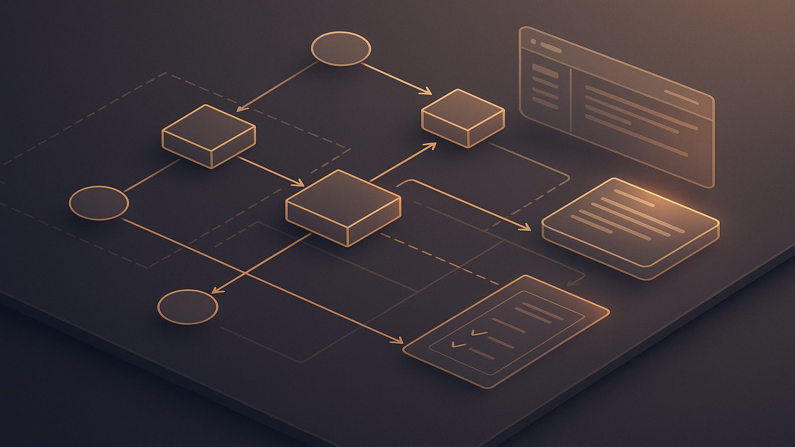 Abstract security architecture diagram with layered system connections and subtle gold and purple highlights