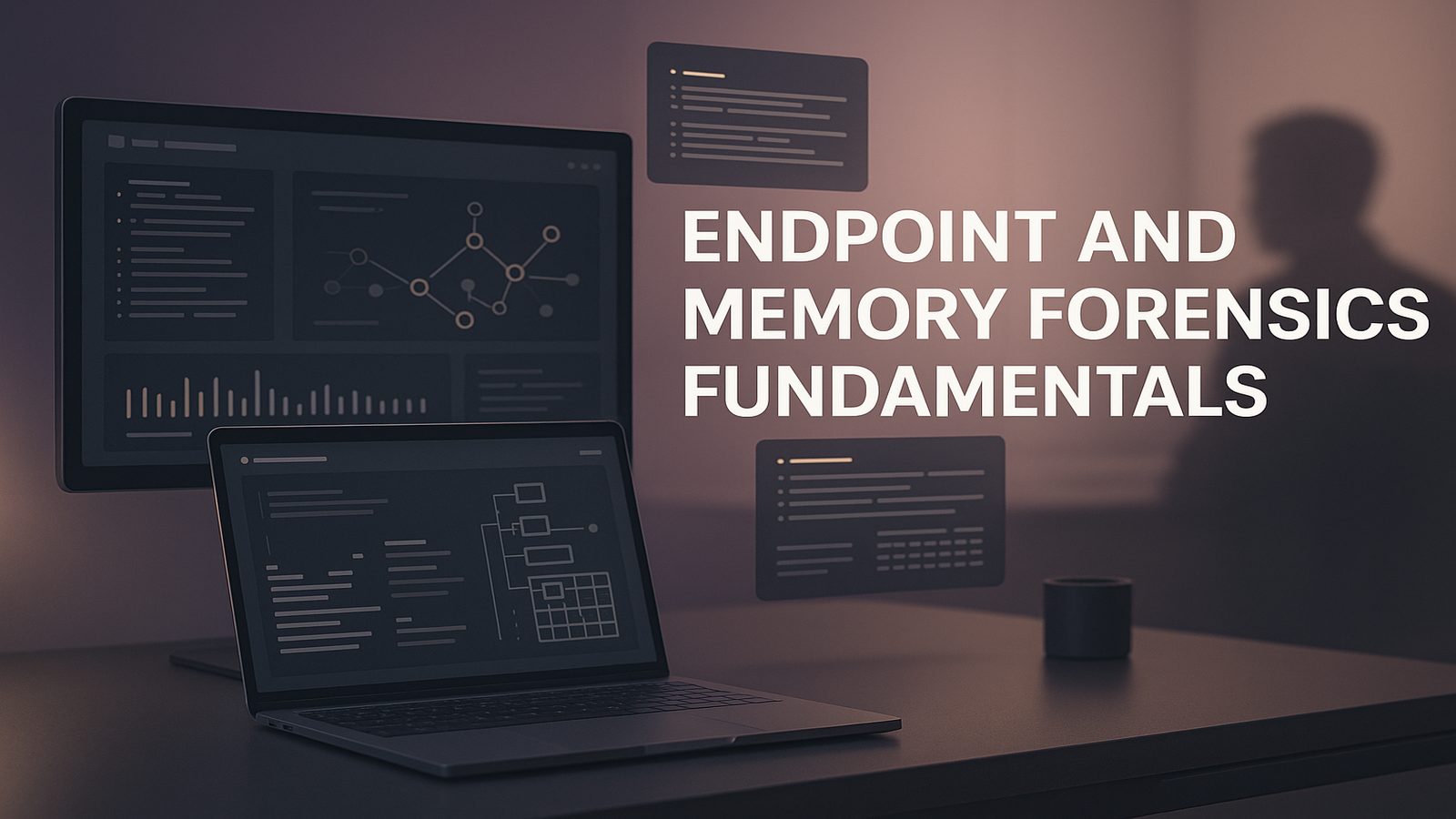 A professional cybersecurity analyst workspace showing forensic timelines, memory analysis panels, and endpoint evidence review on clean screens.