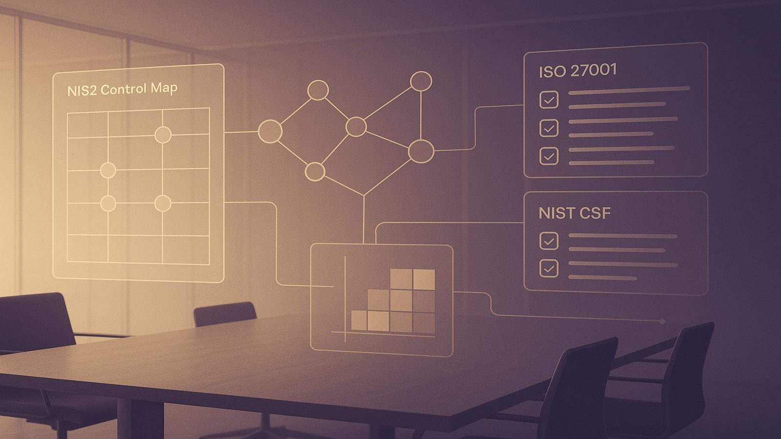 A modern cybersecurity strategy workspace with subtle framework mapping overlays, showing alignment between NIS2, ISO 27001 and NIST CSF in a calm, professional style.