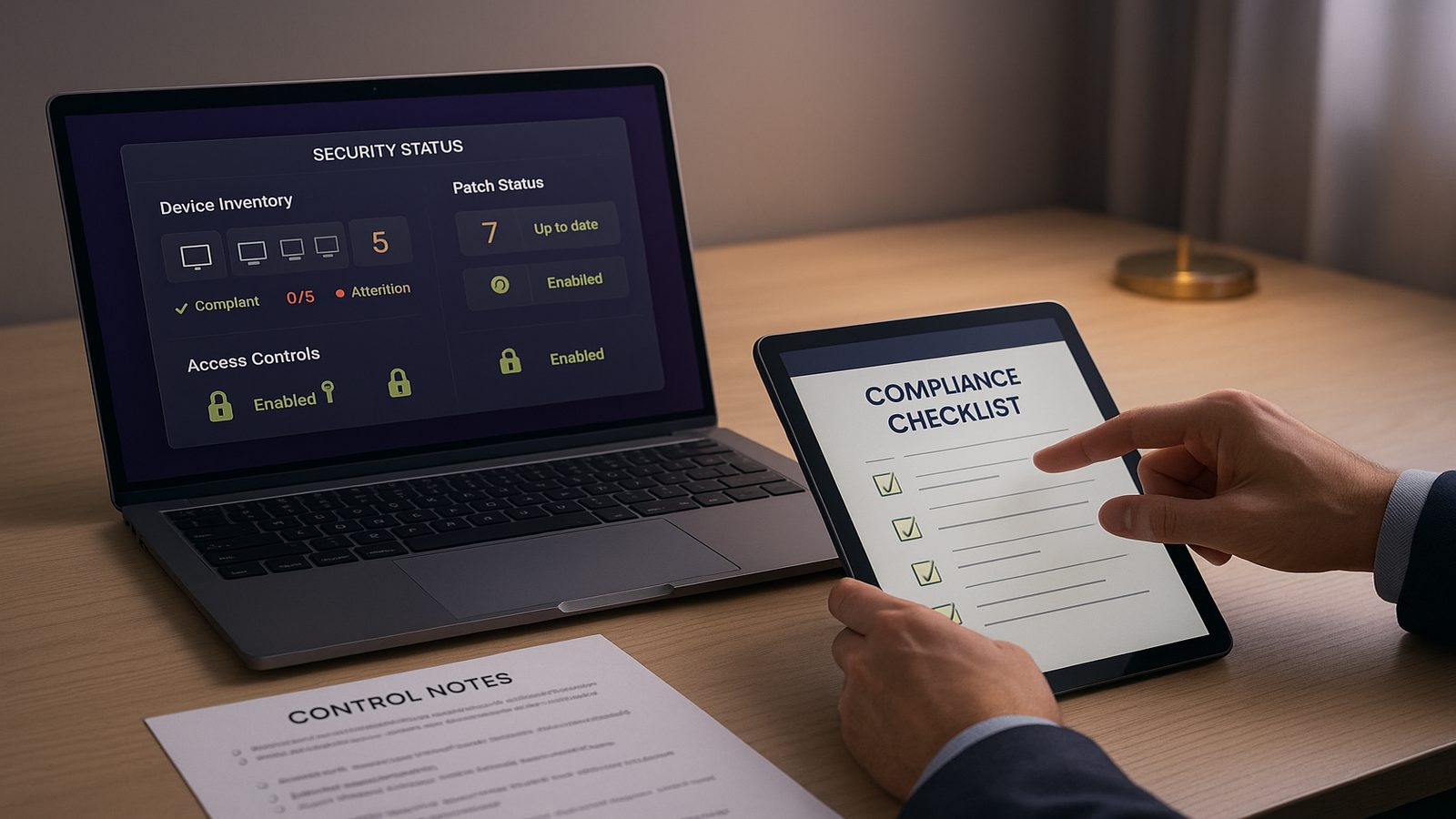A calm office scene showing a laptop with a security checklist and device status dashboard, representing technical control testing for Cyber Essentials Plus.