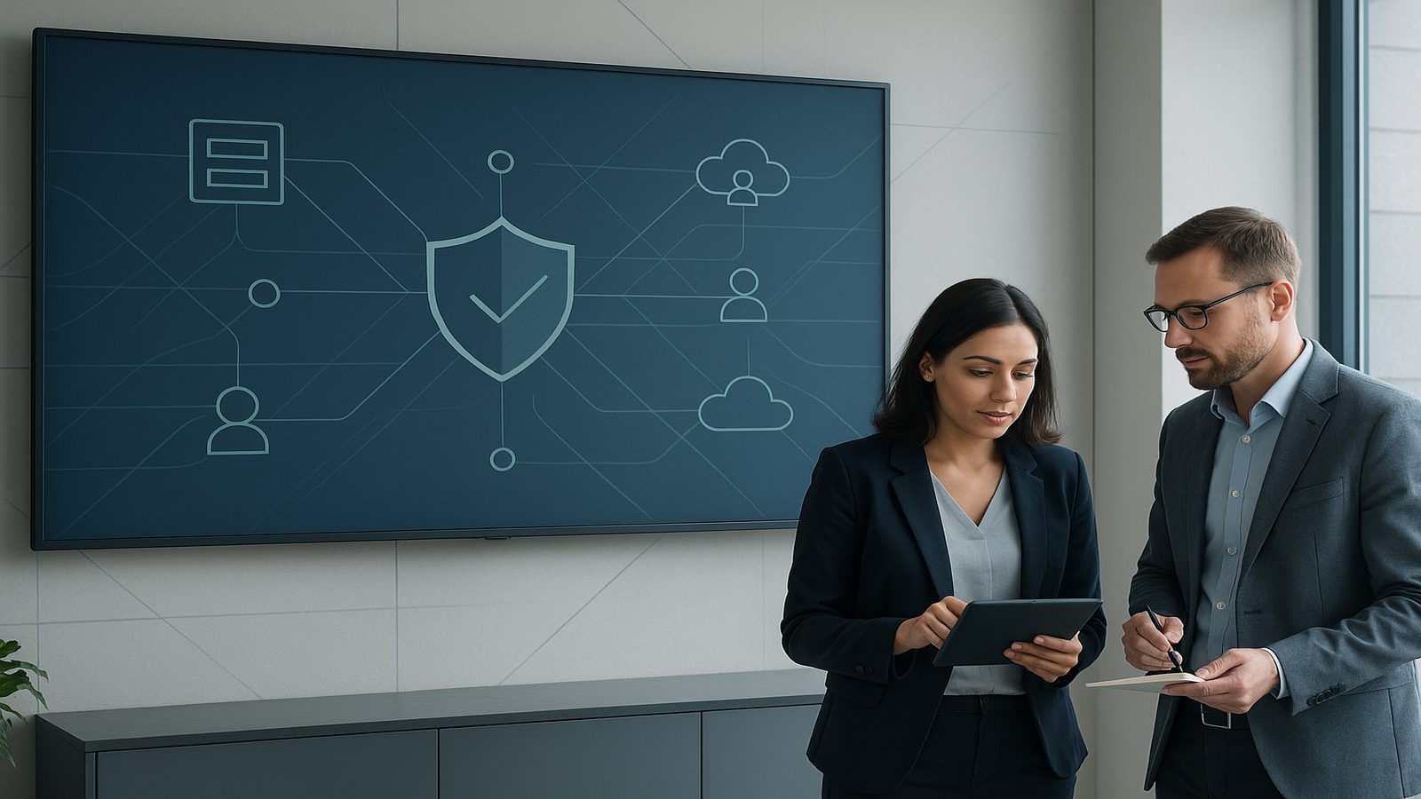 Professional illustration of secure-by-design planning for UK SMEs, showing a consultant reviewing a clean security architecture diagram with identity, cloud, and access controls.