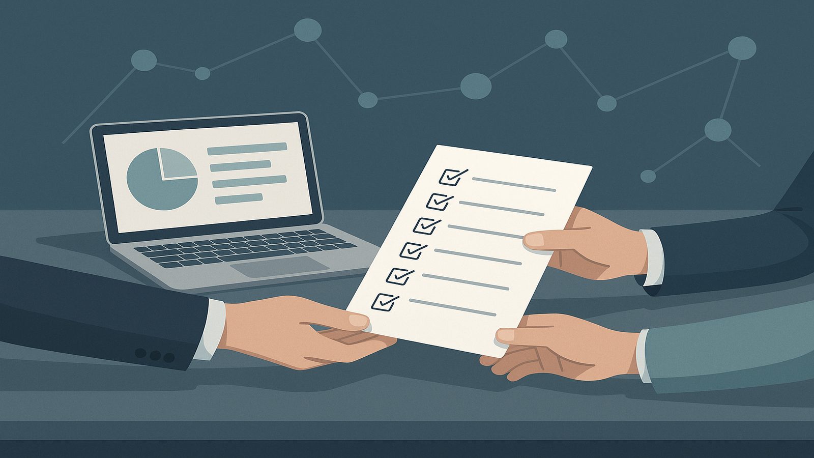 Business desk scene with checklist, laptop, and connected supplier nodes representing practical supplier assurance for UK SMEs