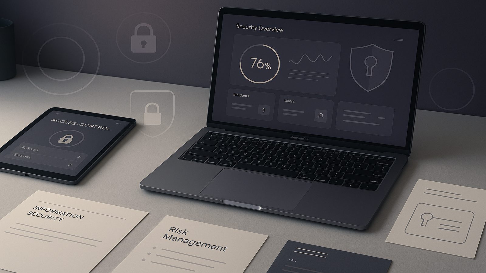 A modern SME security workspace with a laptop dashboard, access control interface, and subtle gold and purple lighting accents representing protective security.