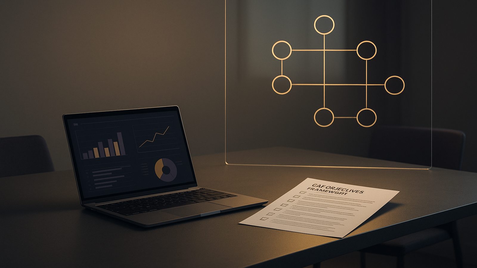 A calm cybersecurity strategy scene showing CAF objectives, risk review, and governance planning on a modern office desk