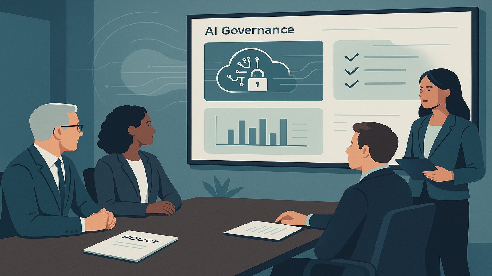 Business team reviewing responsible AI governance controls in a modern meeting room