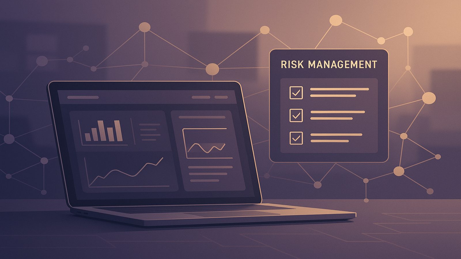 Modern business technology dashboard with subtle network connections and risk management visuals in a restrained purple and gold palette