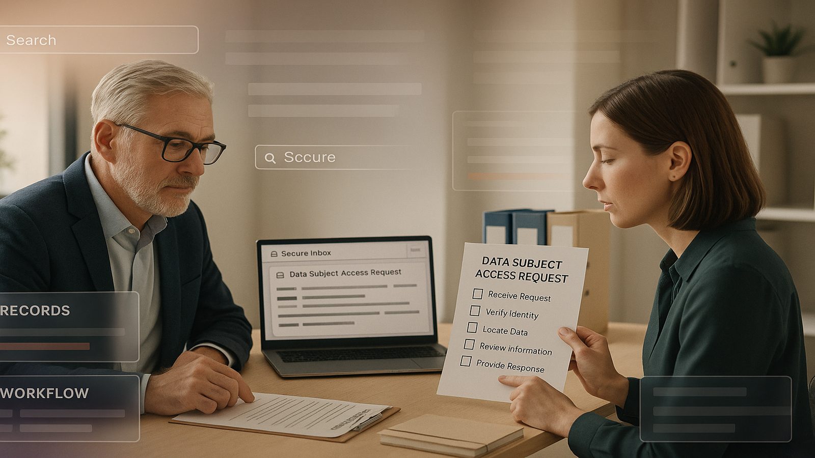 Two professionals reviewing a structured data subject access request process on a laptop in a modern office, with subtle workflow and document management visuals.