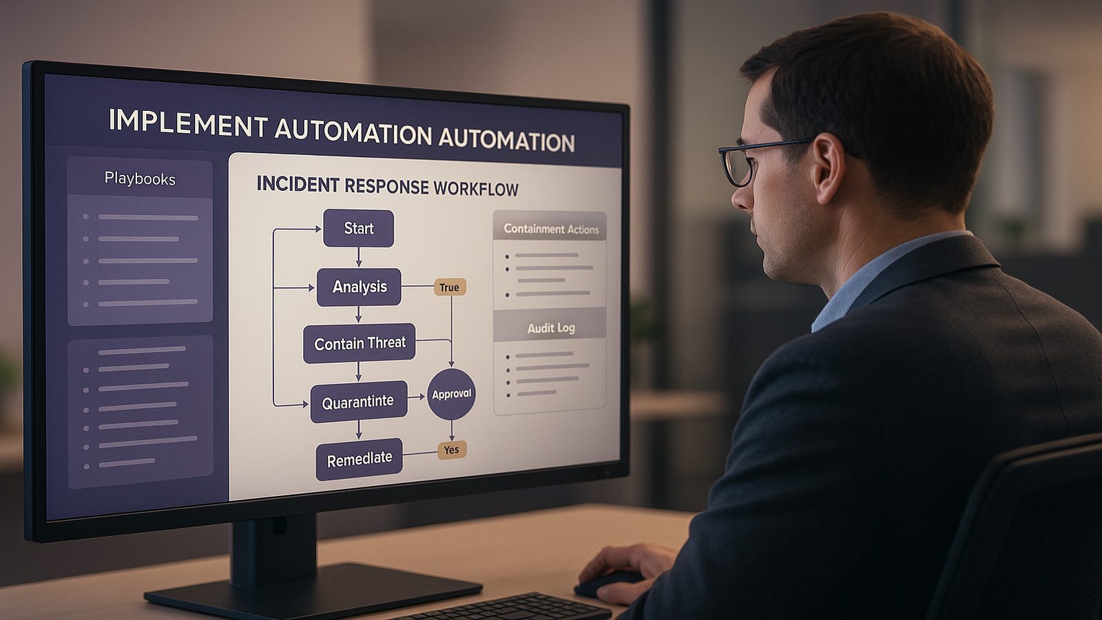 Security analyst reviewing a controlled incident response automation workflow on a dashboard in a modern office setting