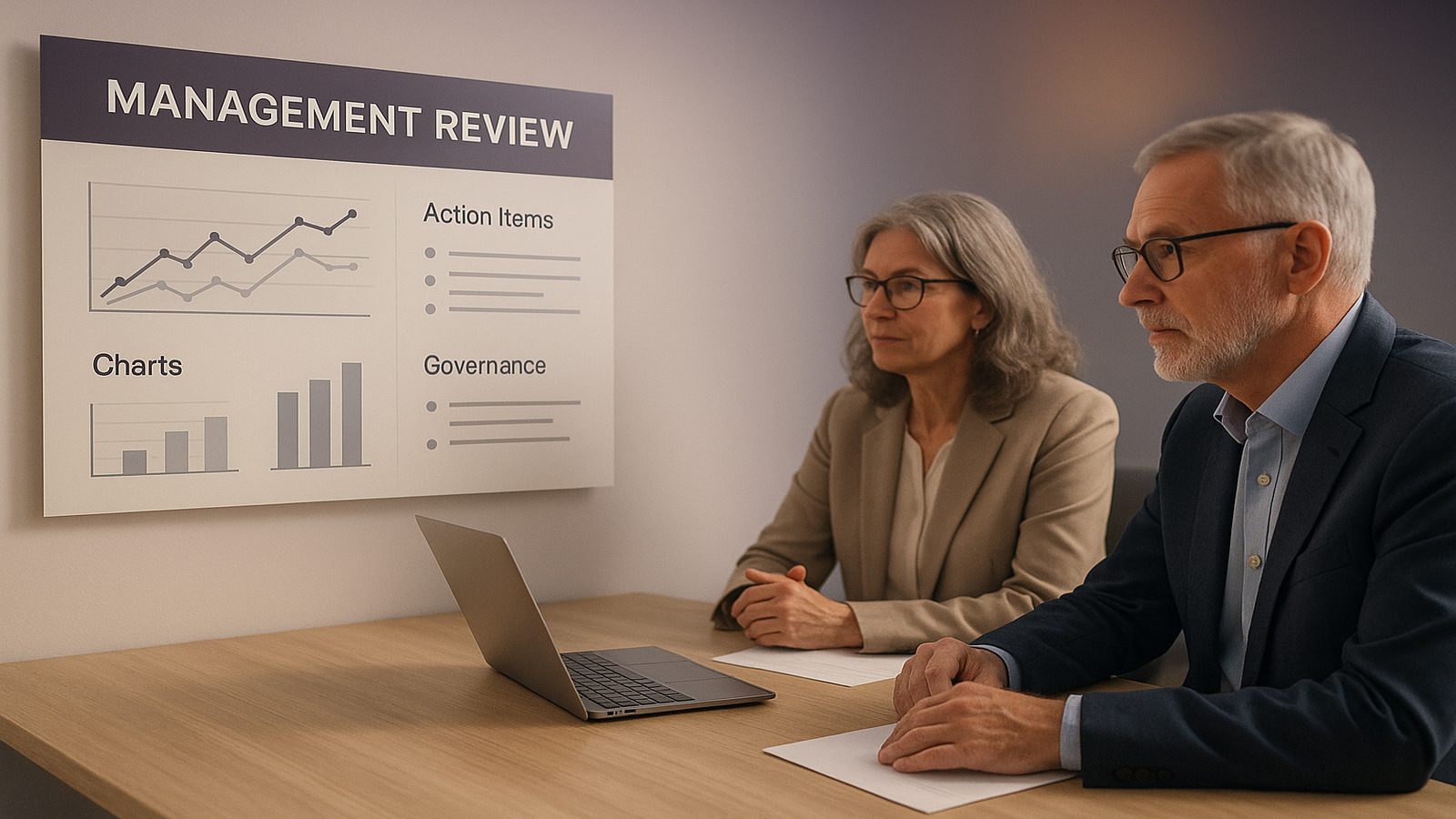 Business and security professionals reviewing ISMS performance metrics and improvement actions in a calm meeting room