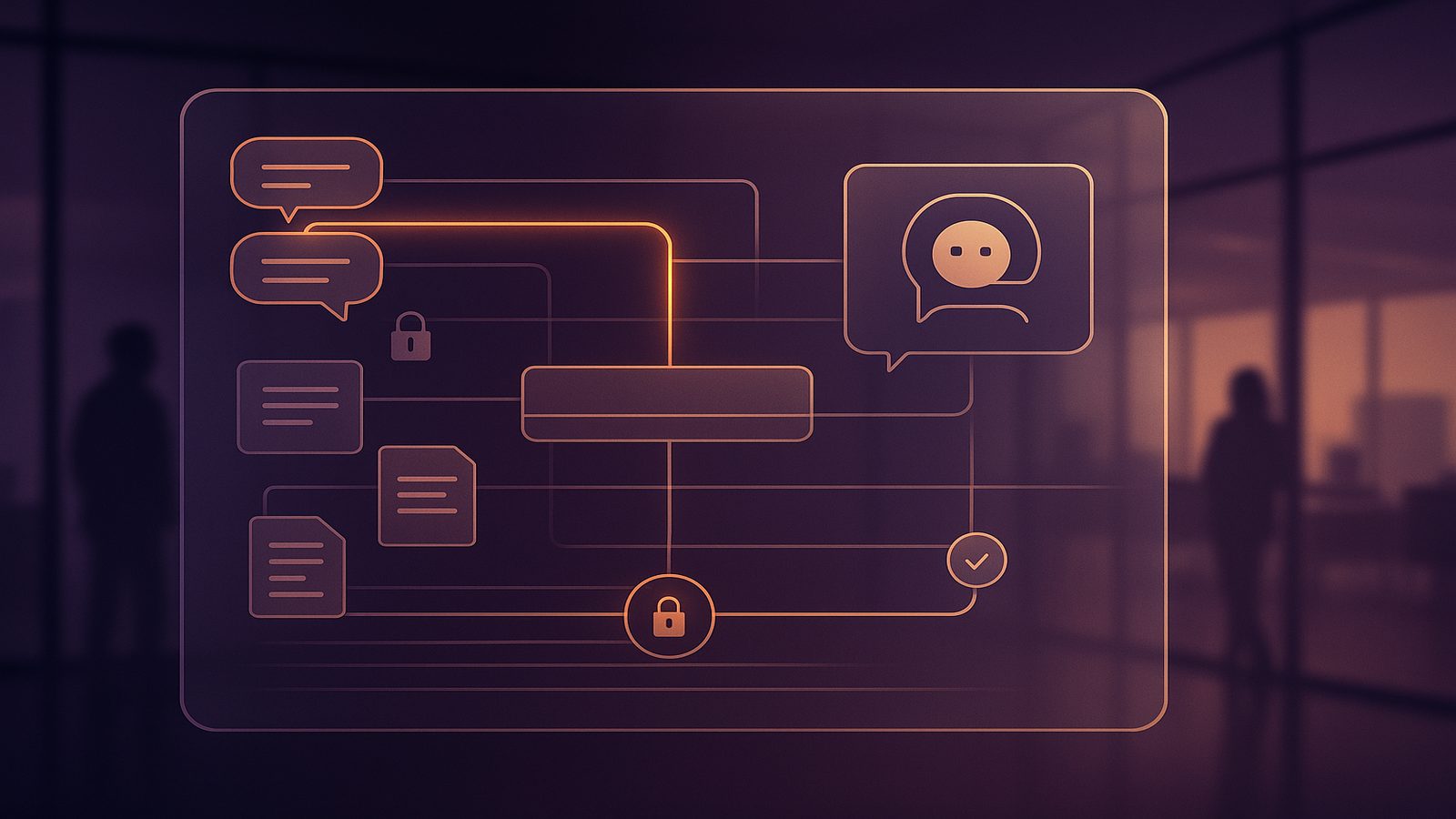Modern AI workflow interface showing controlled data flow, trust boundaries, and review checkpoints to illustrate preventing prompt injection and model abuse.