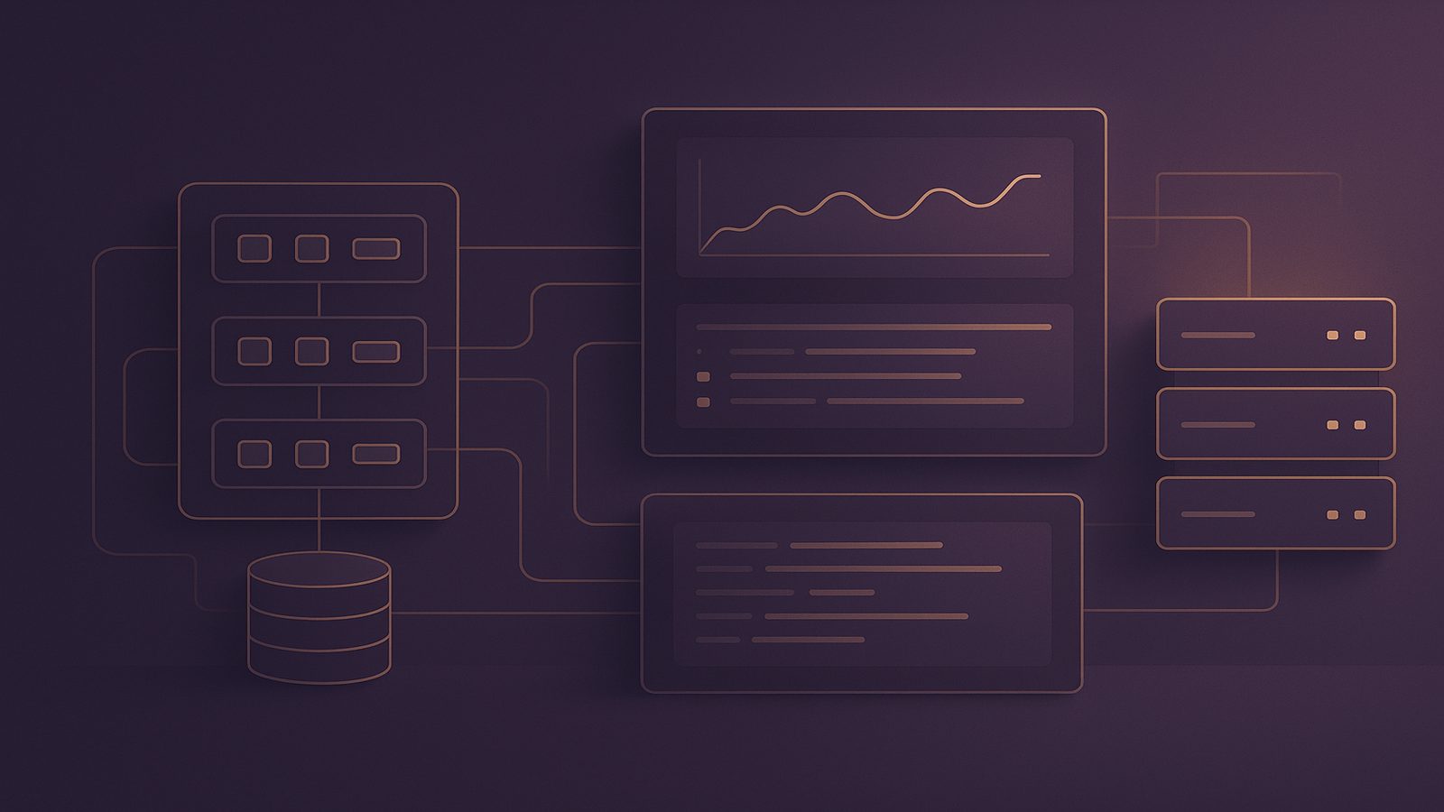 Abstract secure system architecture with monitoring dashboards, data-flow lines, and configuration panels in a calm purple and gold palette