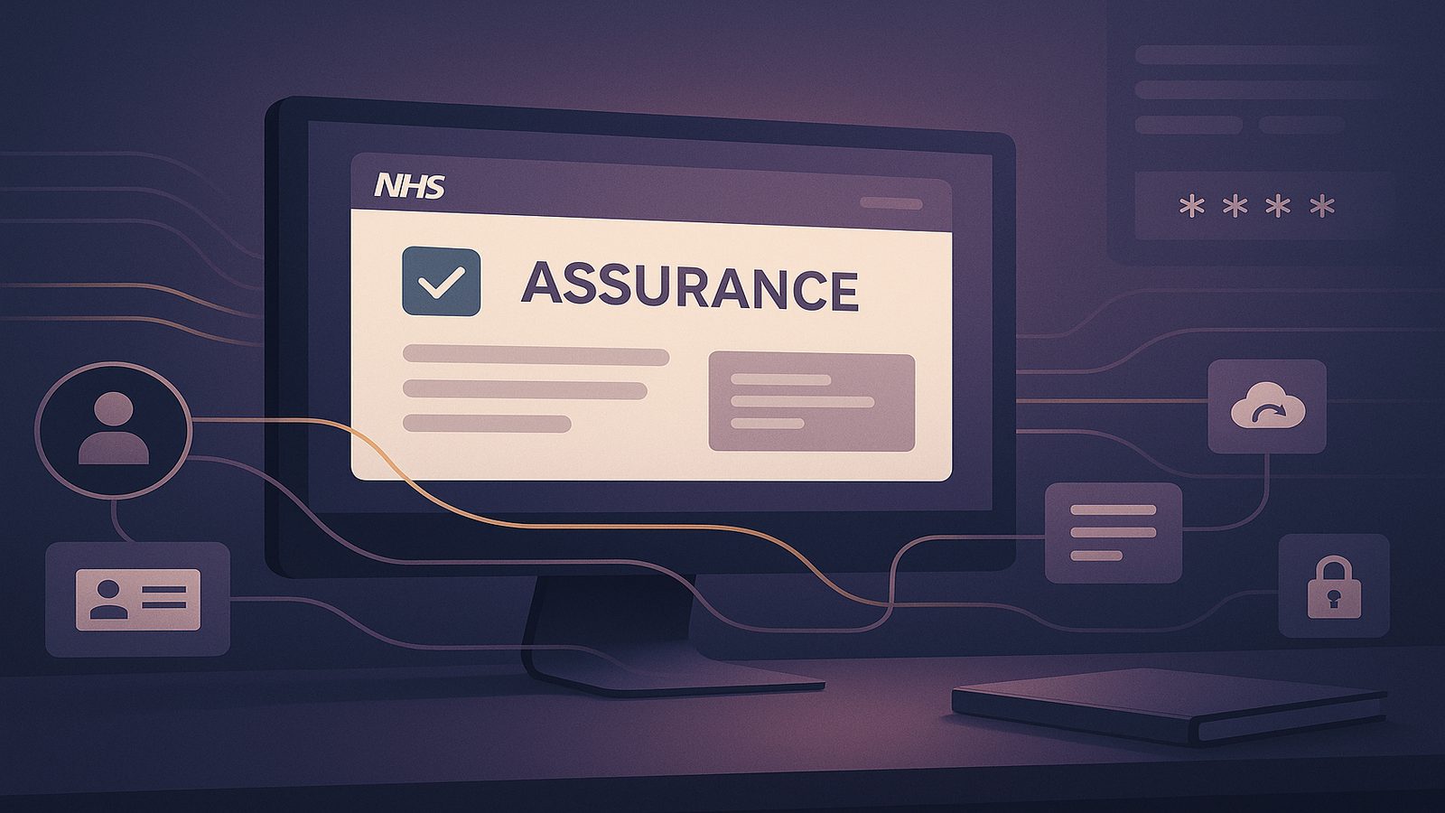 Abstract secure digital controls dashboard with subtle gold and purple accents for NHS DSPT assurance