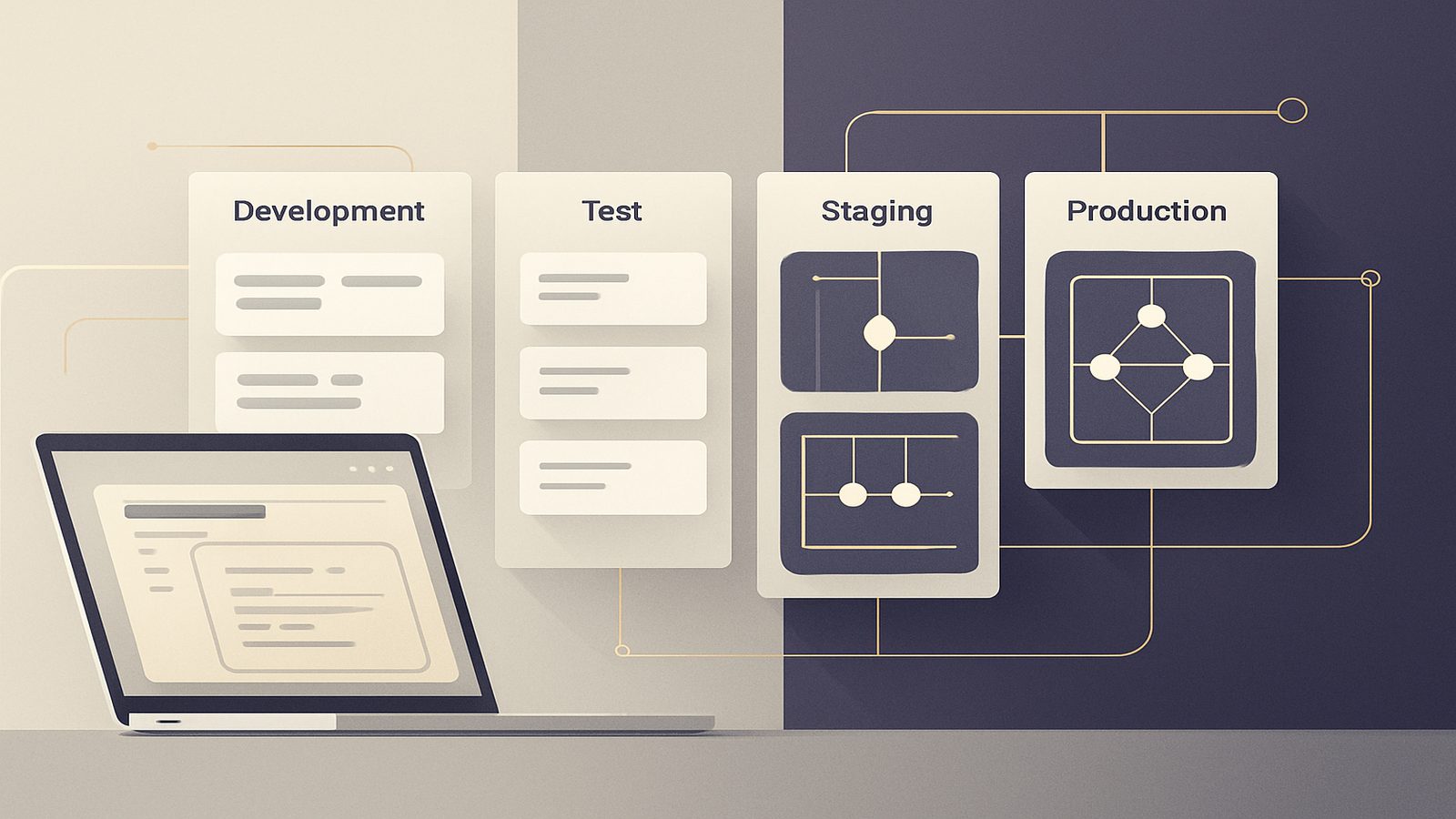 Abstract technical workspace showing separated software environments and controlled configuration management