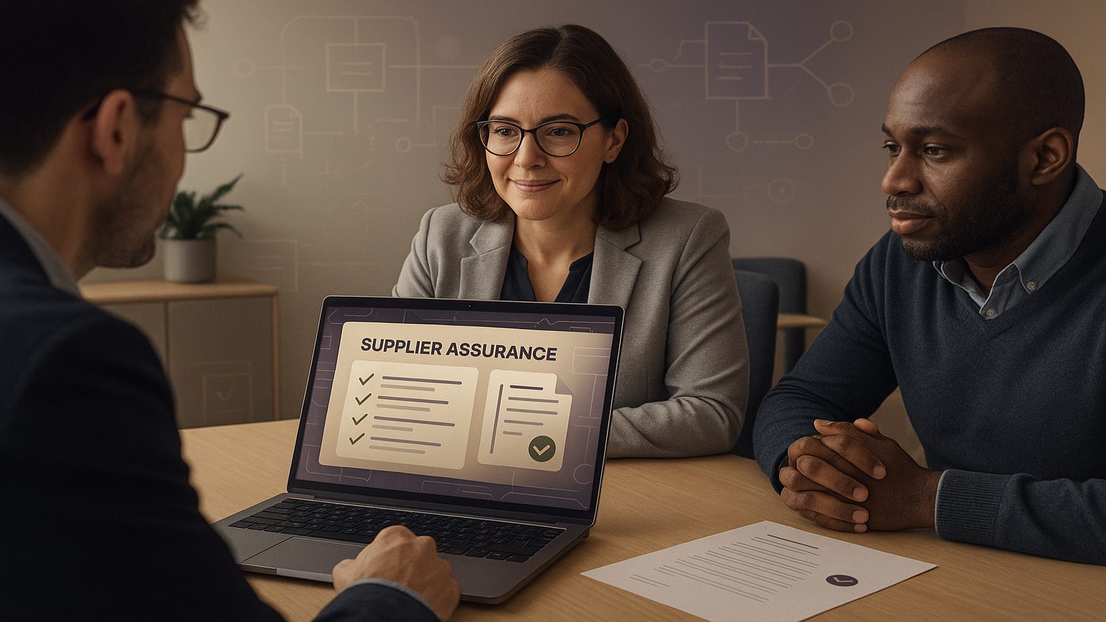 Business and technical professionals reviewing supplier compliance evidence on a laptop in a modern office setting