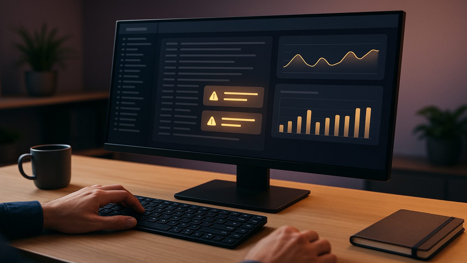 Professional workspace with a monitoring dashboard showing log activity and alert cards, illustrating logging and monitoring basics for small teams.