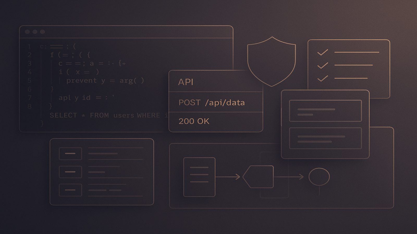 Abstract software security illustration showing code, data flow, and validation controls for preventing injection flaws and insecure deserialisation.