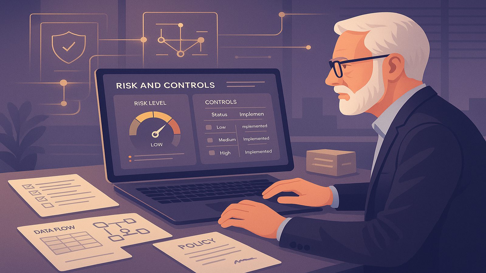Consultant reviewing GDPR technical and organisational measures on a dashboard in a modern office