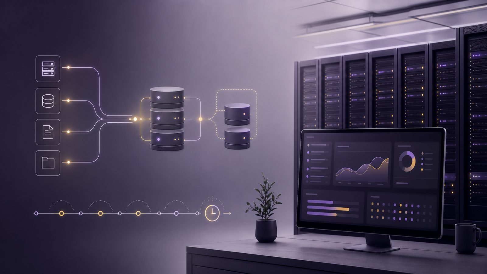 Abstract cybersecurity workspace showing backup and recovery systems with secure data flows and subtle dashboard highlights
