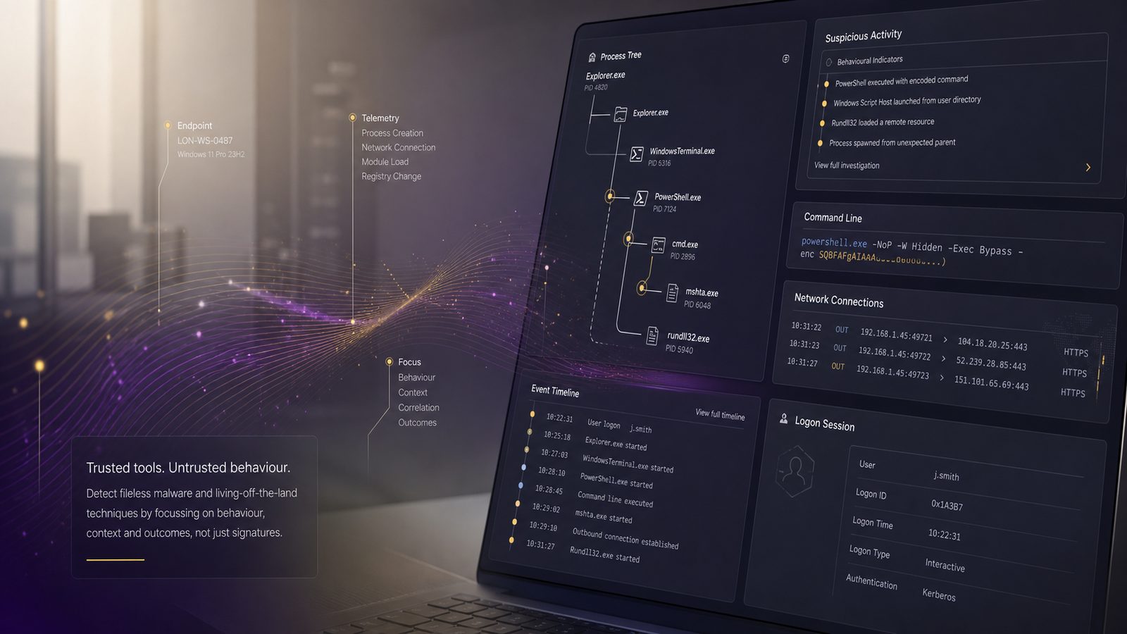 Security analyst dashboard showing endpoint and identity activity with subtle process and log visualisations for detecting fileless malware and living-off-the-land attacks.