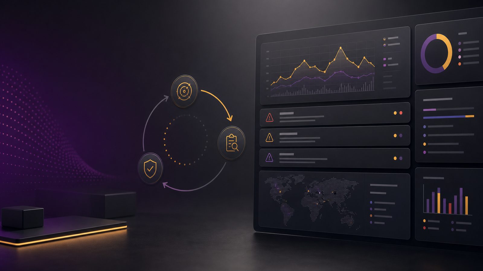 A calm cybersecurity operations dashboard showing incident alerts, trend analysis, and a feedback loop for improving defence.