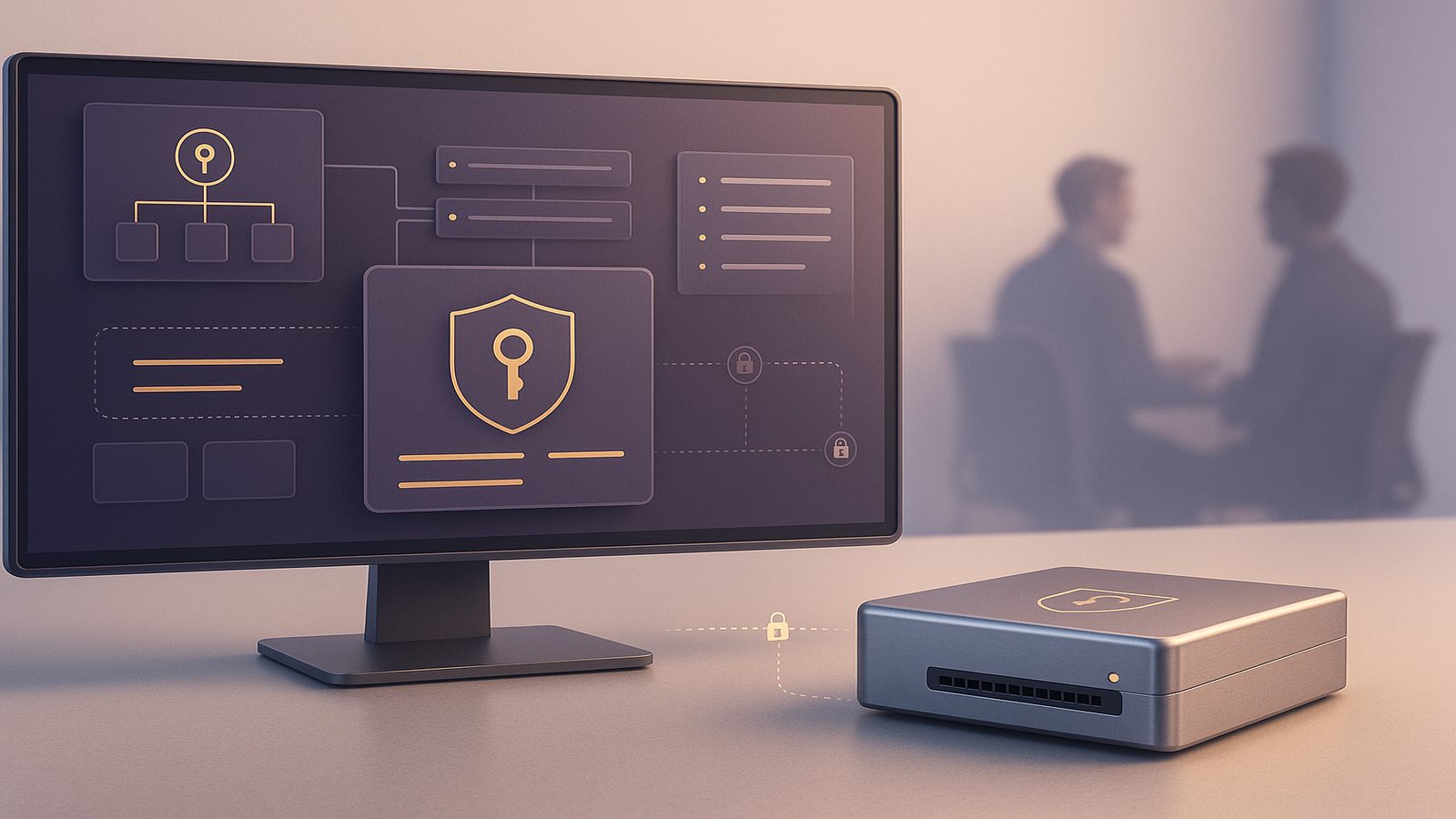 Modern secure secrets management scene with a key vault interface and protected hardware module in a clean corporate technology setting