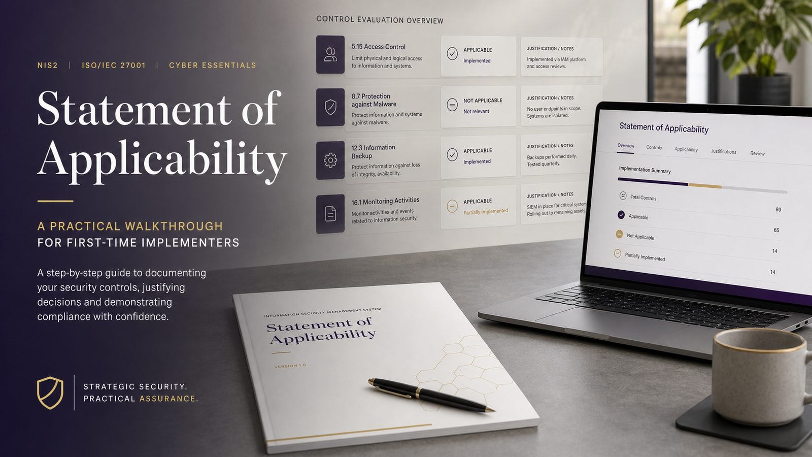 A modern compliance document and laptop on a desk with subtle checklist-style interface elements, representing a Statement of Applicability walkthrough for first-time implementers.