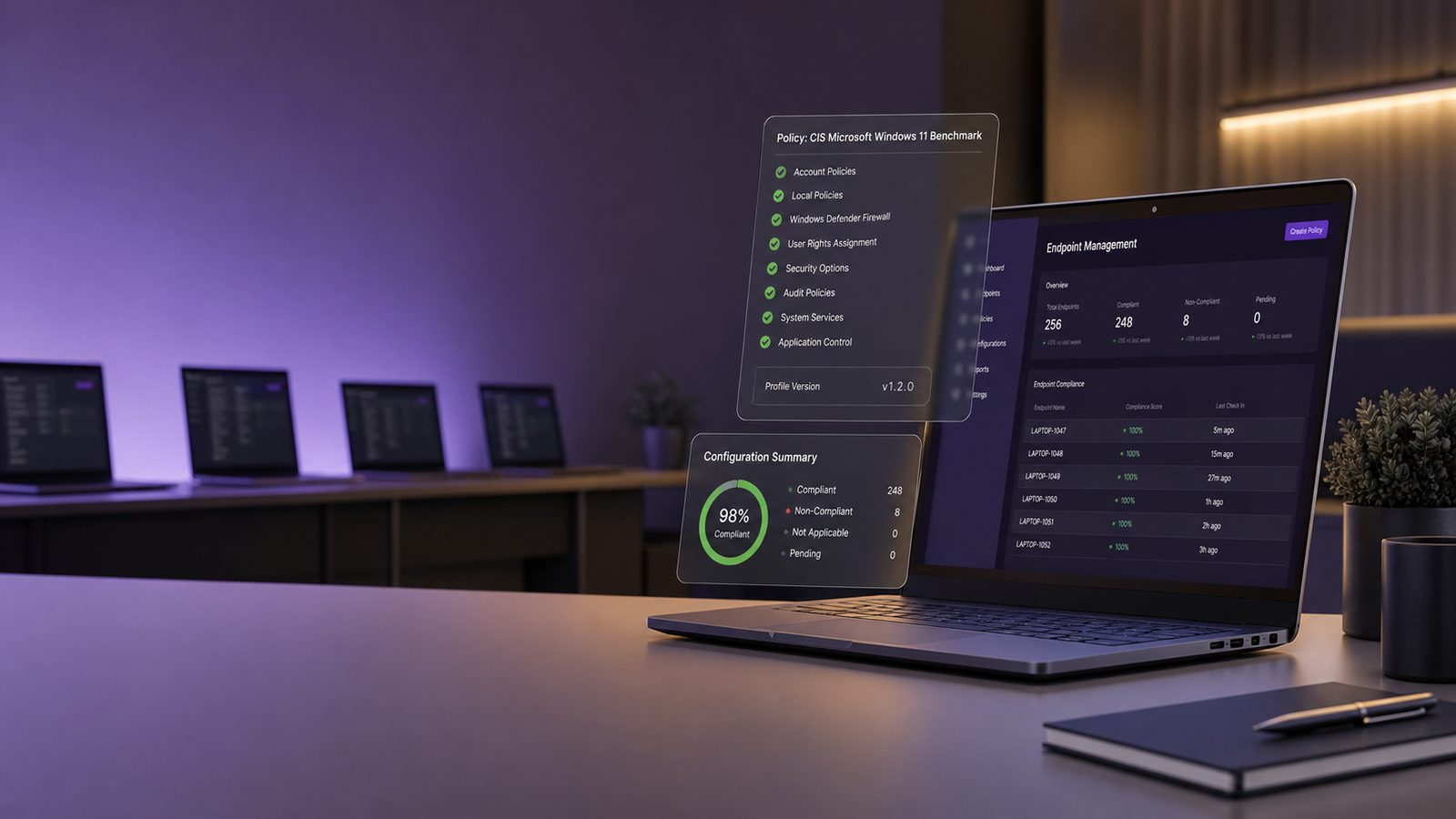 A modern laptop with subtle configuration panels and orderly endpoint management visuals, representing endpoint hardening using CIS Benchmarks.