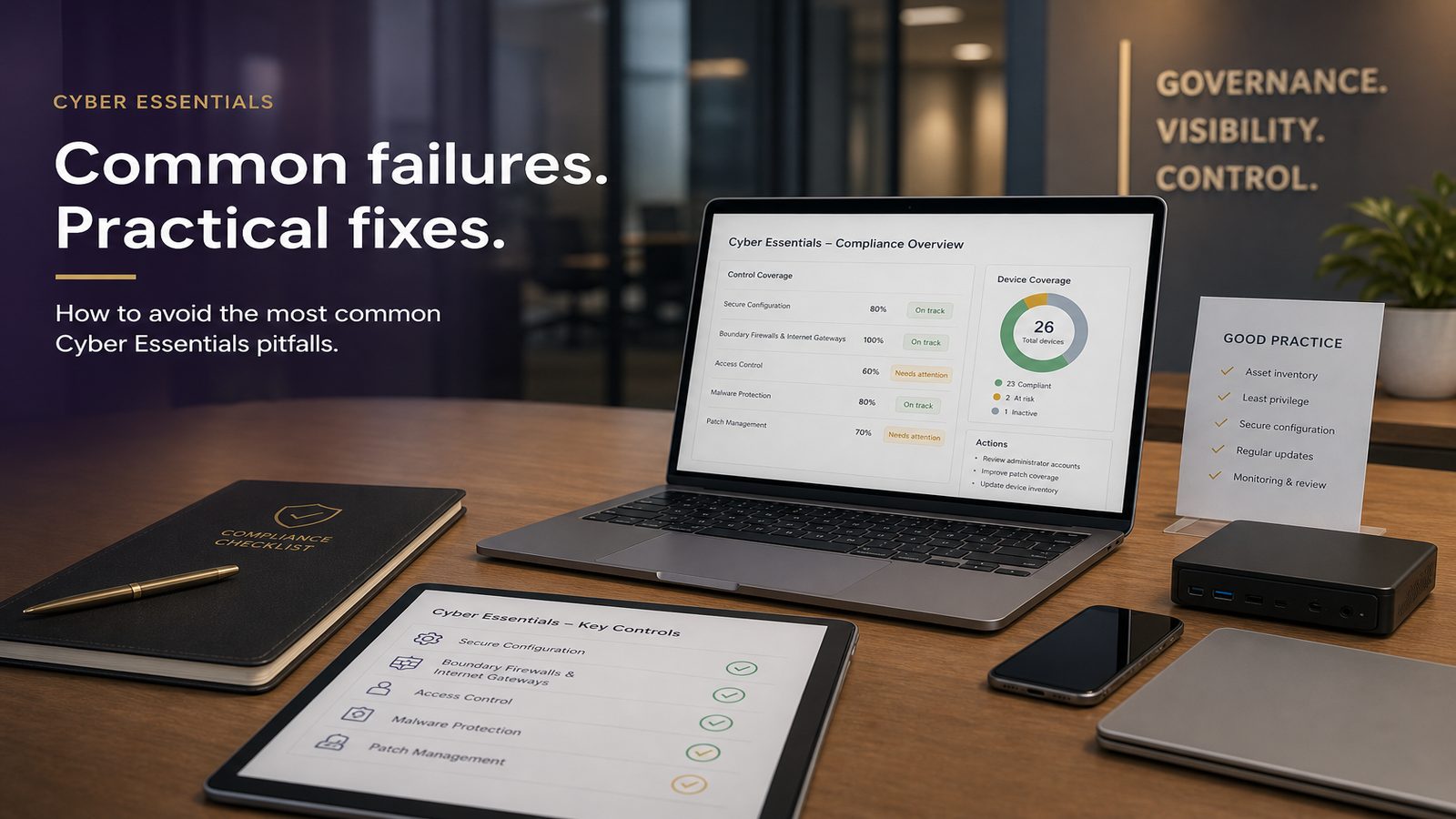 A clean office-tech scene with a laptop checklist and device management dashboard, using subtle gold and purple accents to suggest Cyber Essentials control management.