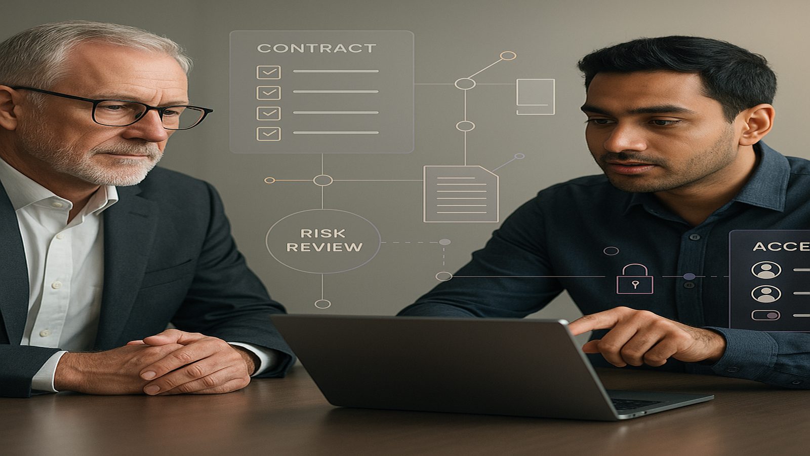 Business and technical colleagues reviewing AI supplier controls and third-party model risk on a laptop in a professional office setting.