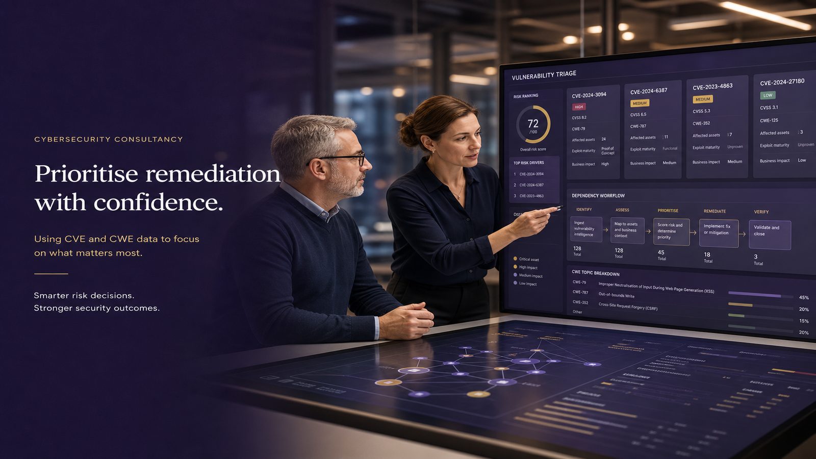 Two cybersecurity professionals reviewing vulnerability data on a dashboard to prioritise remediation.