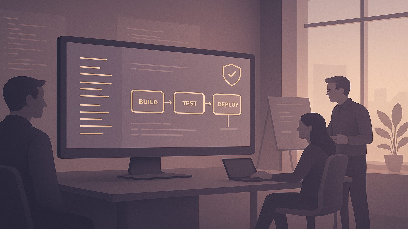 Modern software delivery dashboard with subtle security controls, representing DevSecOps for growing technology businesses.