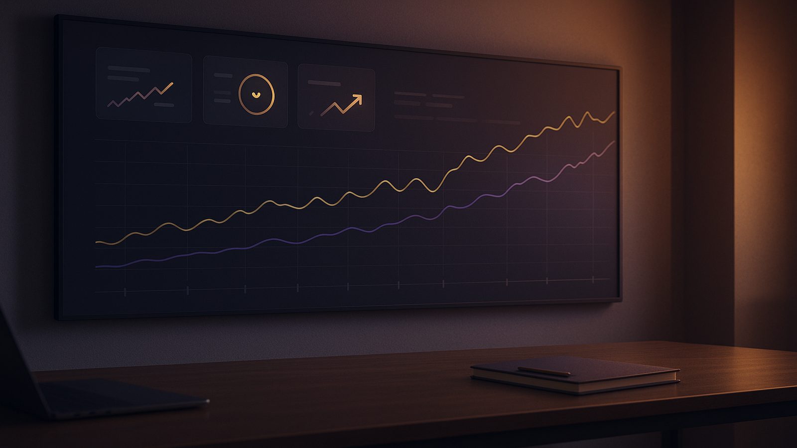 A modern security dashboard with trend lines and KPI cards in a calm workspace, representing measuring security effectiveness over time.