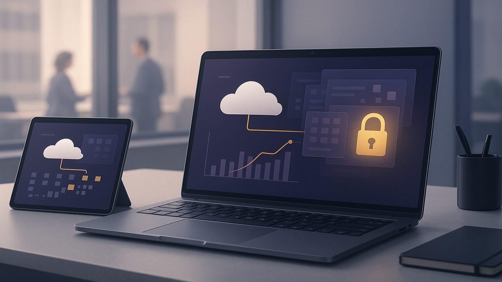 Modern office workspace with secure data workflow visuals, showing pseudonymisation and encryption concepts in a calm, professional style.