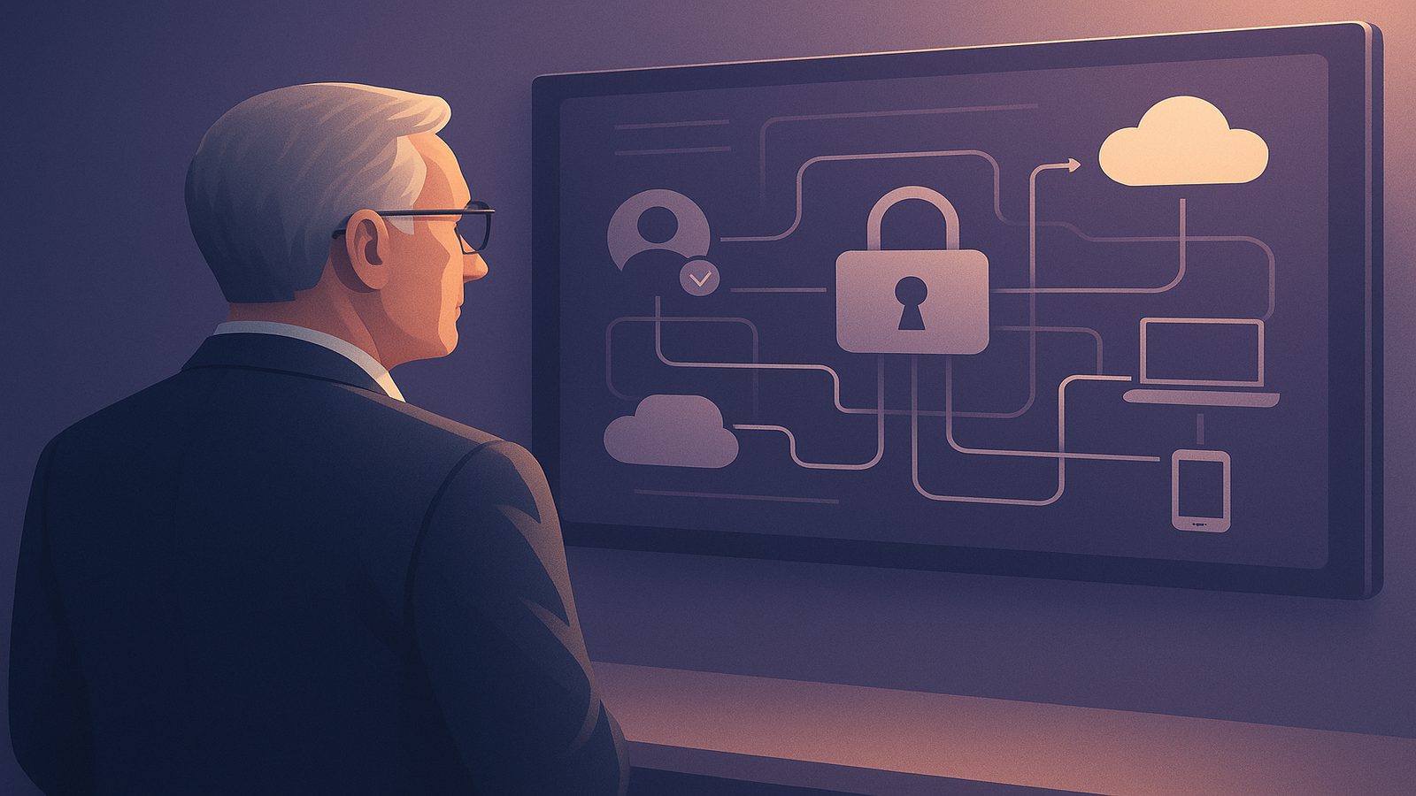 Business leader viewing a modern Zero Trust security dashboard with layered access controls and subtle gold and purple accents