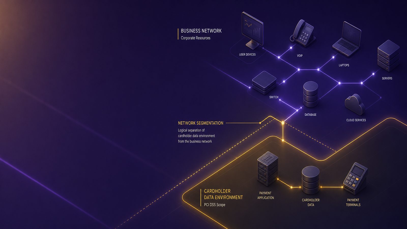 Abstract segmented network diagram showing a separate cardholder data zone connected to a wider business network with controlled access paths.