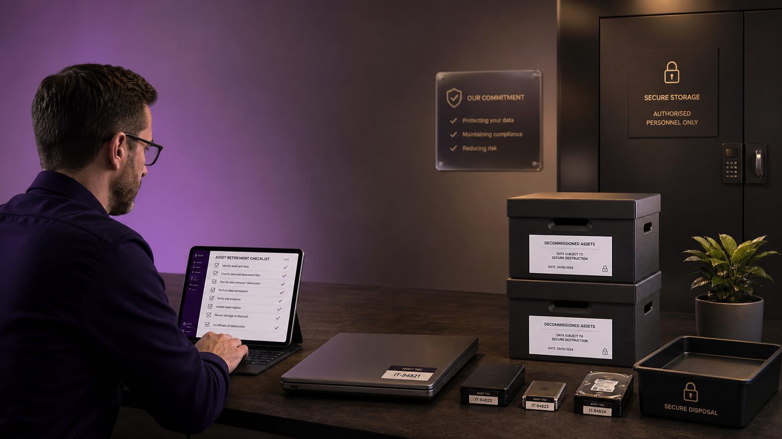 Professional office scene showing secure decommissioning of IT assets with checklist, retired hardware, and controlled data destruction process