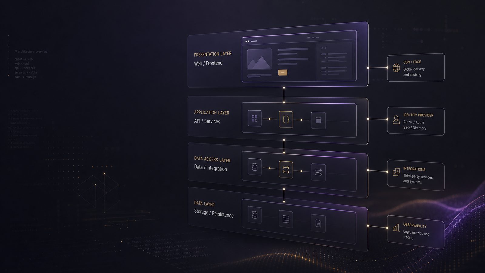 Abstract layered software architecture with subtle application tiers and technical connection lines in restrained gold and purple tones