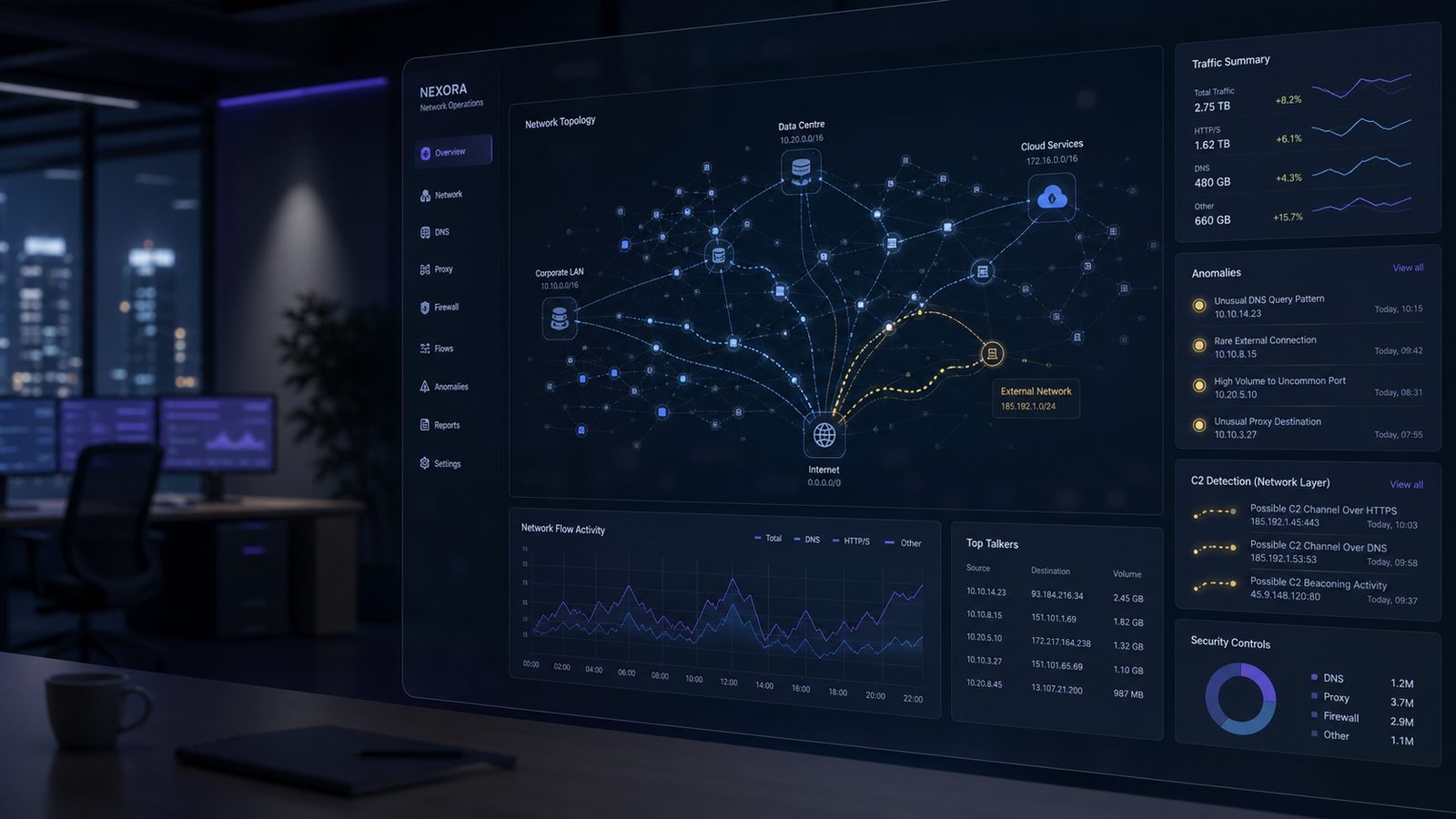 Abstract cybersecurity monitoring scene showing network traffic analysis and detection of suspicious command-and-control patterns on a dashboard