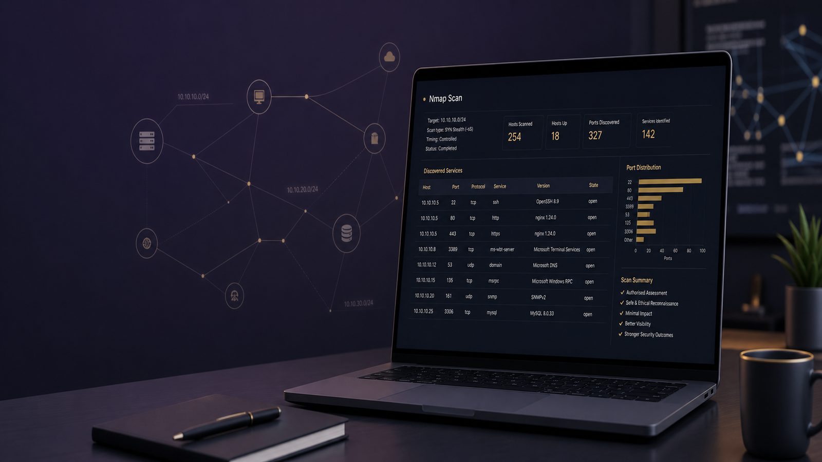 A professional cybersecurity workspace showing an abstract Nmap-style network scan visual with subtle purple and gold accents.