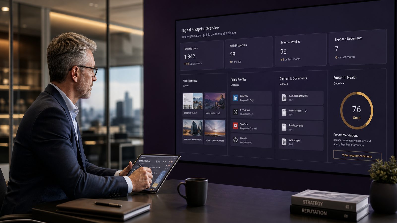 Consultant reviewing a digital footprint management dashboard in a modern office setting with subtle gold and purple accents