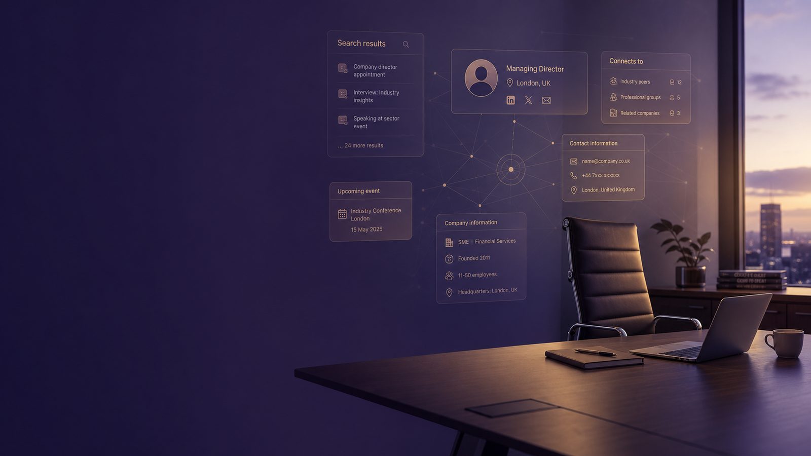 Professional illustration of SME executive exposure risk shown through subtle public information overlays in a modern boardroom setting