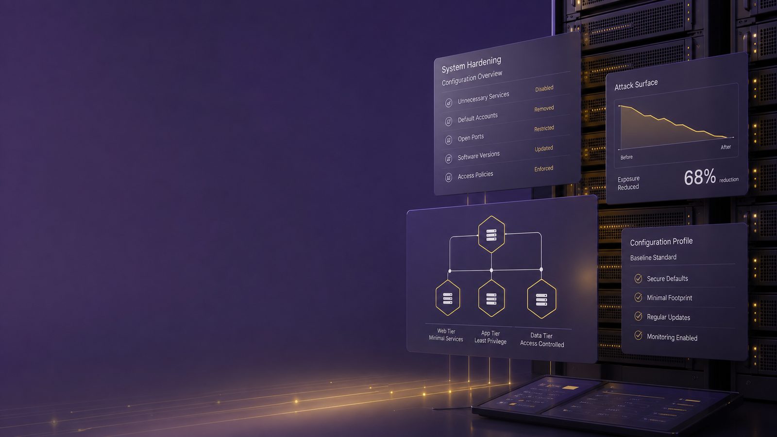 Abstract cybersecurity illustration showing secure system hardening with clean configuration panels, connected infrastructure, and subtle purple and gold accents
