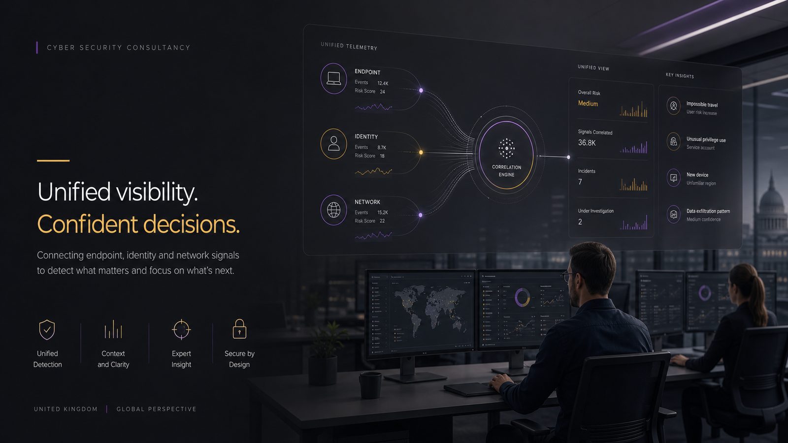 Abstract security operations dashboard showing unified threat detection across endpoint, identity, and network telemetry