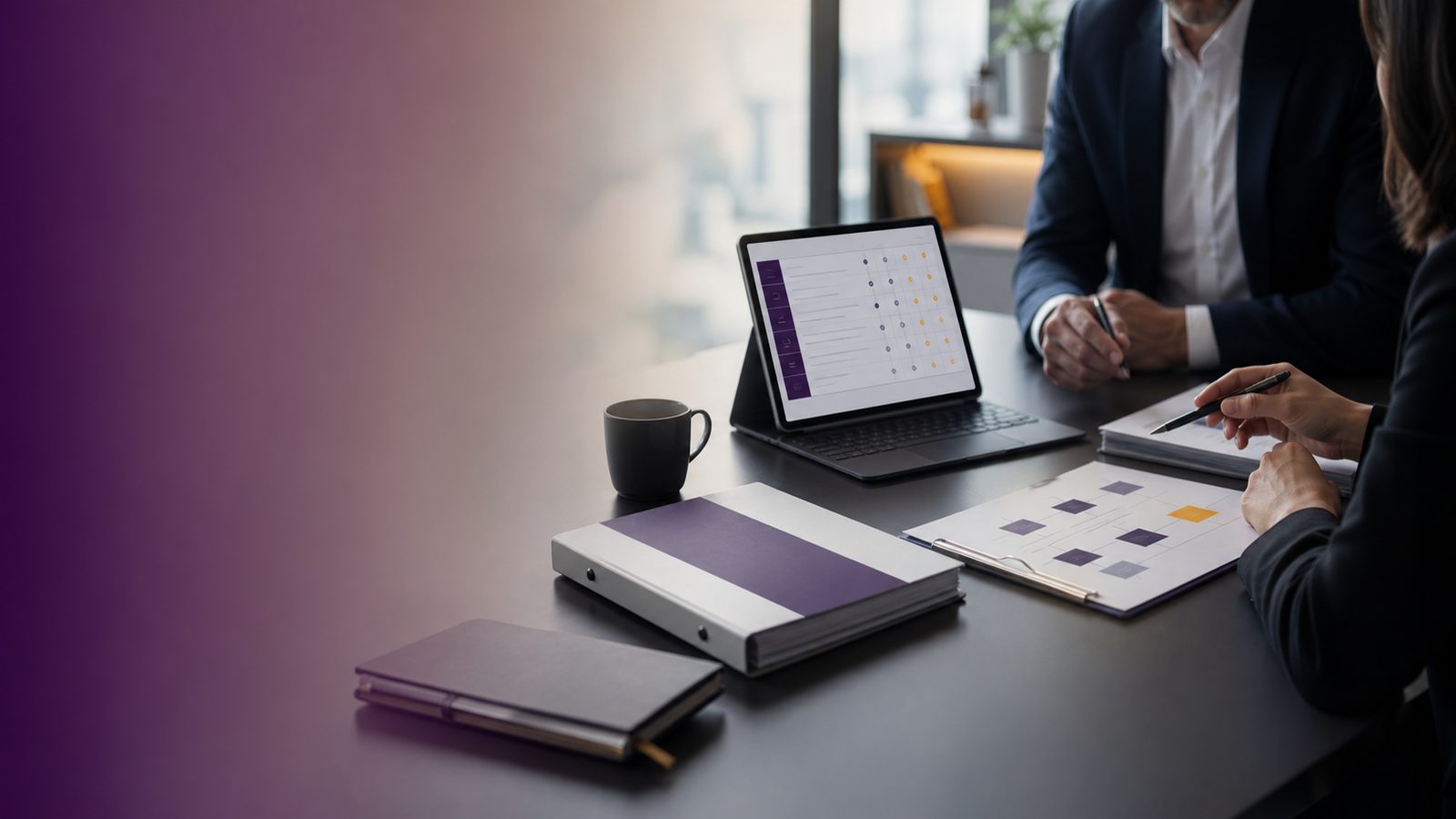 Consultant reviewing a Statement of Applicability document with a clean checklist interface in a modern office setting