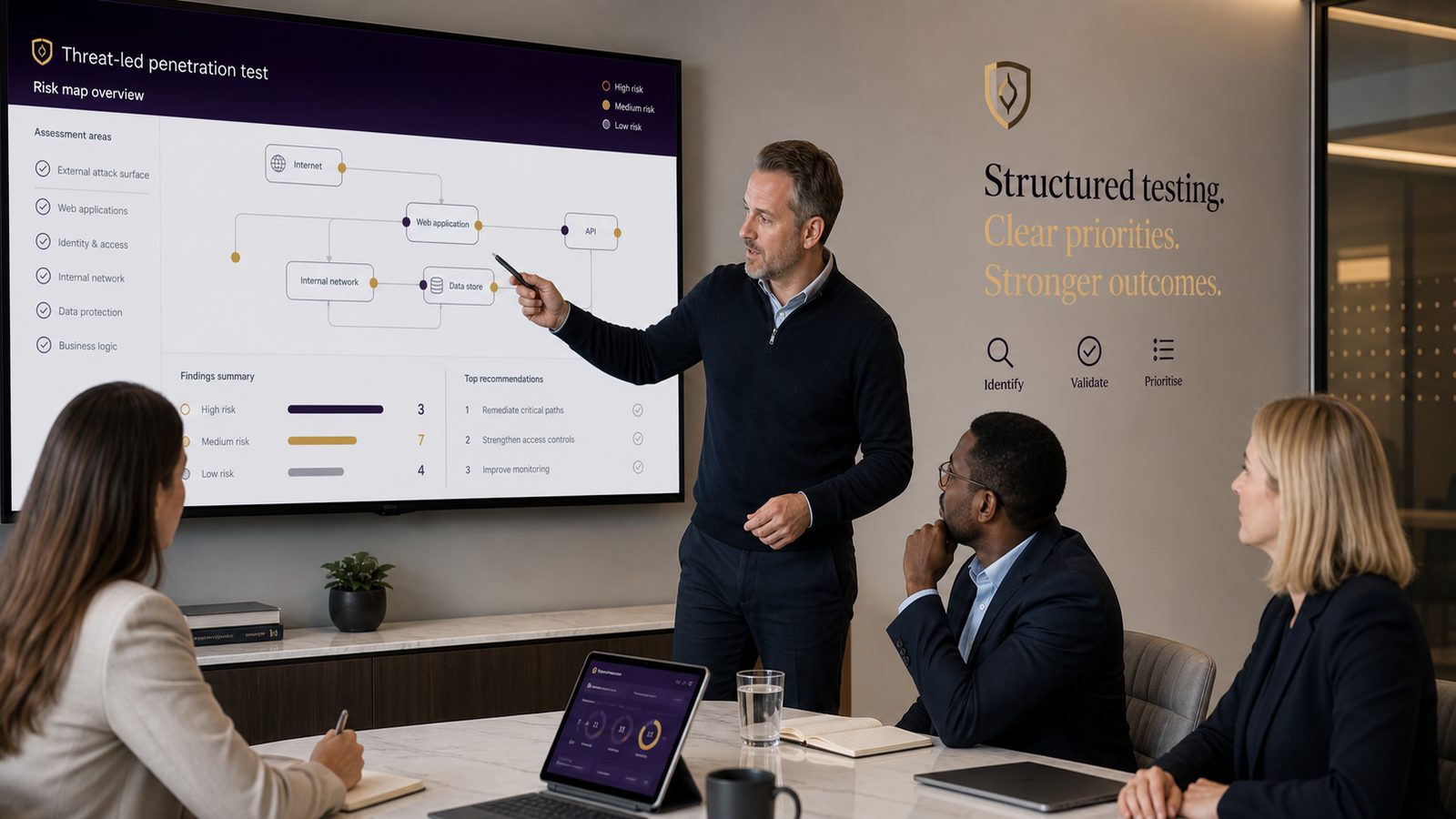 Team reviewing a threat-led penetration testing plan and risk map in a modern office