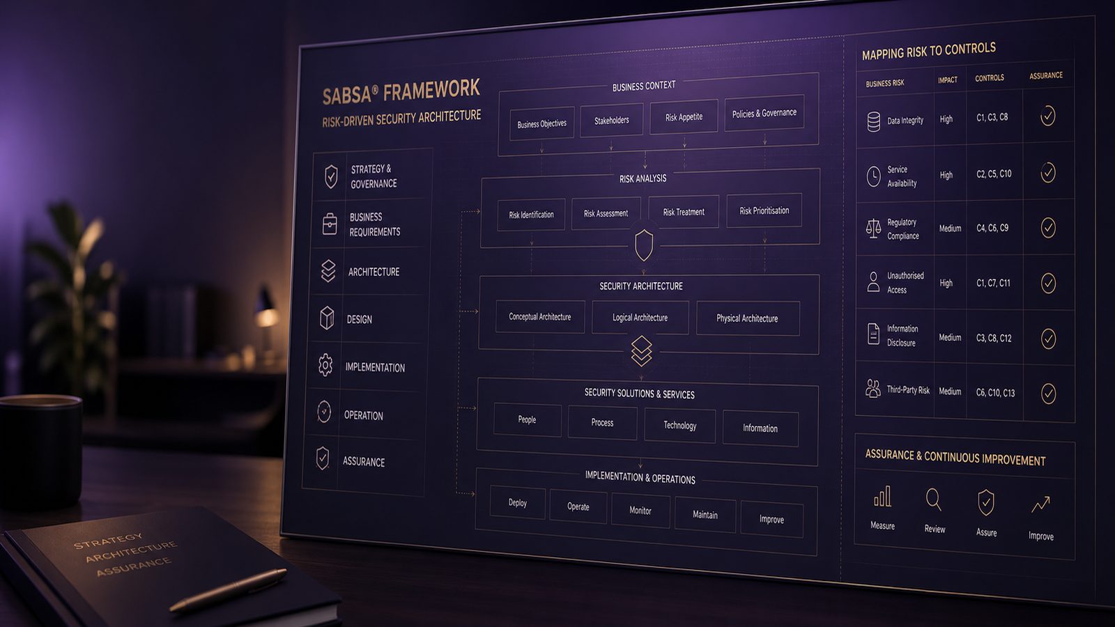 Abstract security architecture diagram with layered controls and subtle gold and purple accents, representing risk-driven design for UK SMEs.