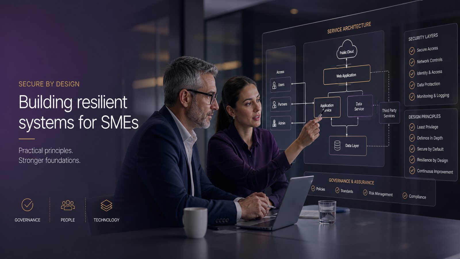 Business and technical colleagues reviewing secure system design with subtle architecture overlays in a calm office setting